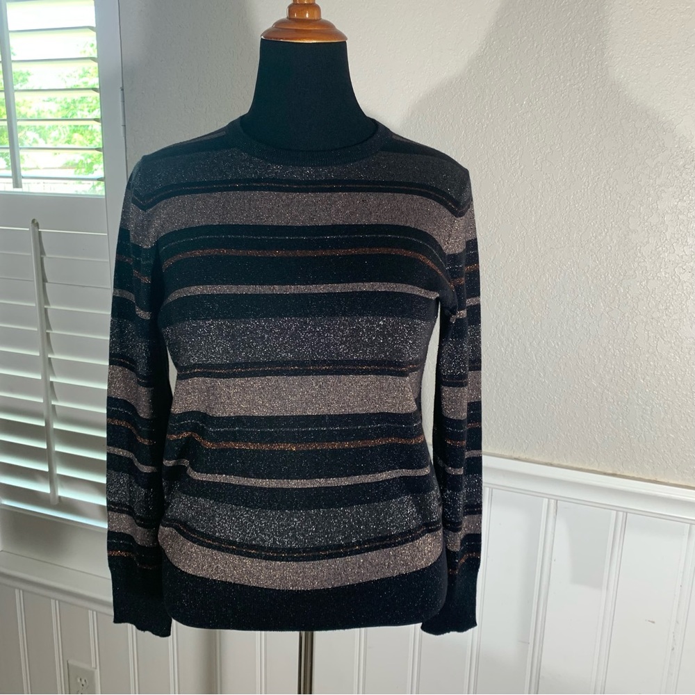 Ann Taylor Factory Black and Silver Striped Metallic Sweater
